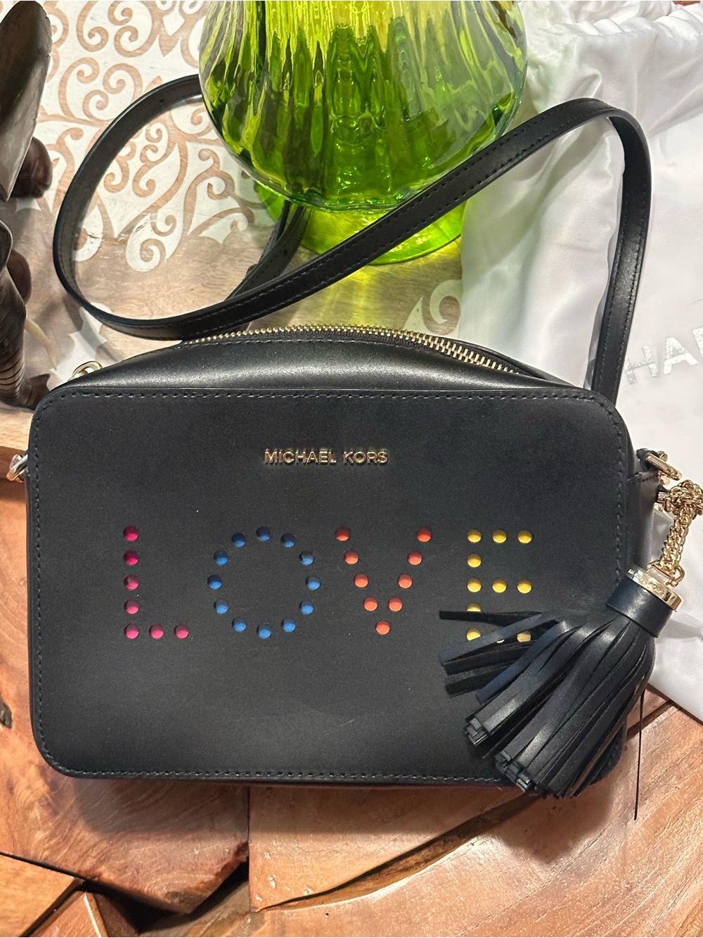 Michael Kors Ginny Medium LOVE Rainbow Perforated Camera Bag Black Leather